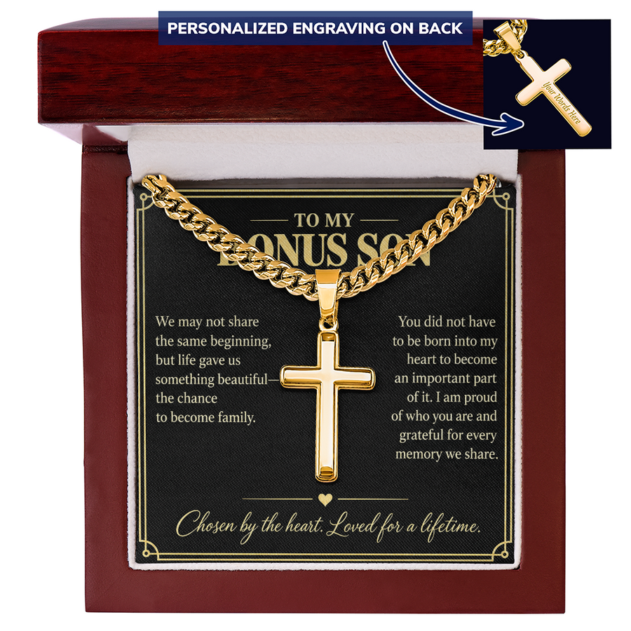 To My Bonus Son Chosen by the Heart Personalized Cross Necklace Gift
