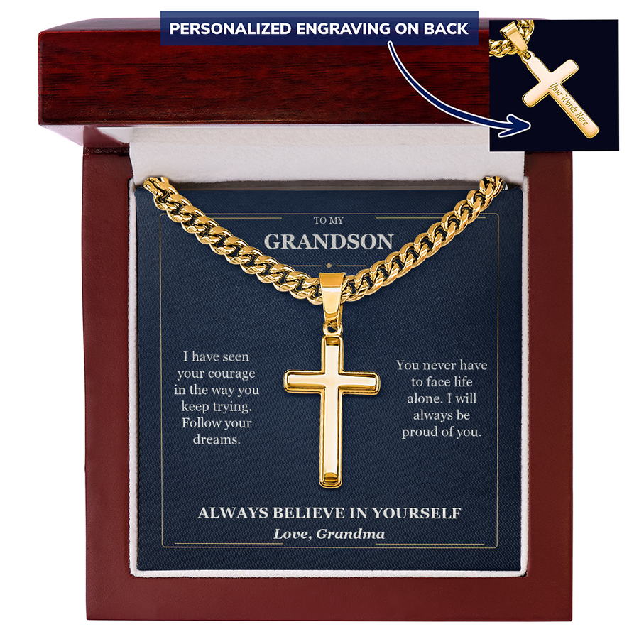 To My Grandson Cuban Link Cross Necklace from Grandma | Believe in Yourself