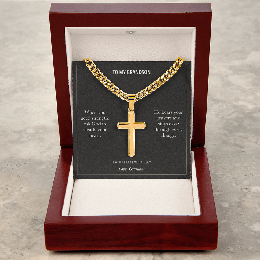 To My Grandson, Strength And Prayer Faith - Personalized Cross Cuban Link Chain Gift