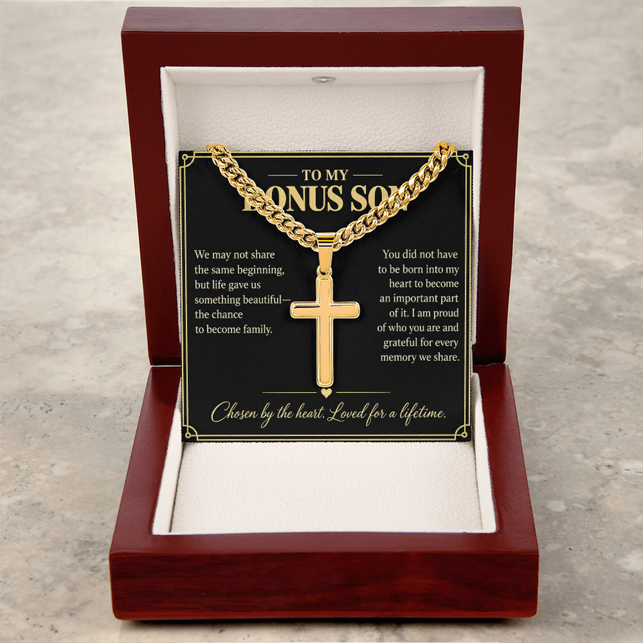 To My Bonus Son Chosen by the Heart Personalized Cross Necklace Gift
