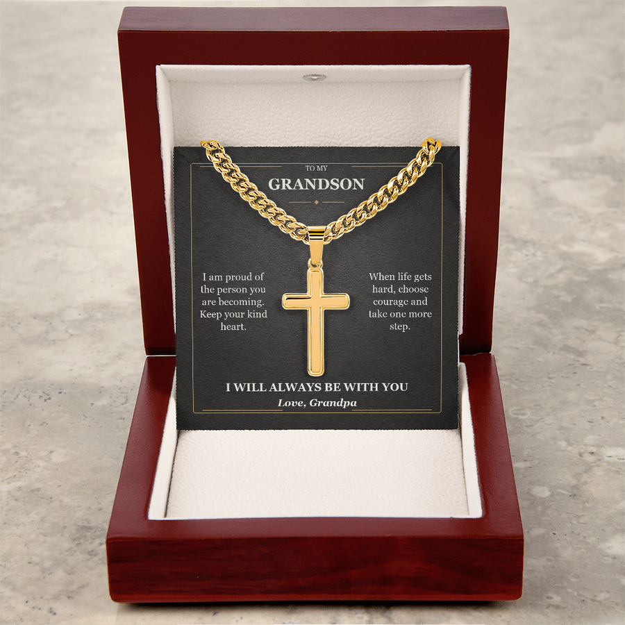 To My Grandson Cuban Link Cross Necklace from Grandpa | Courage and Kindness