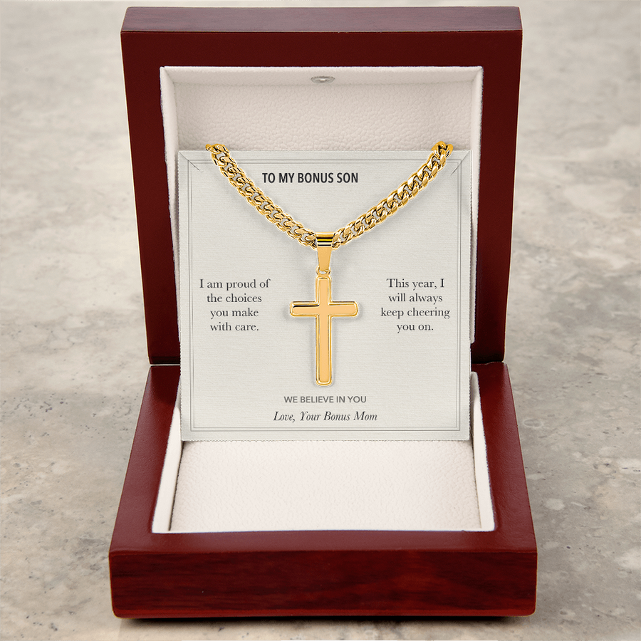 To My Bonus Son, We Believe In You Birthday - Personalized Cross Cuban Link Chain Gift