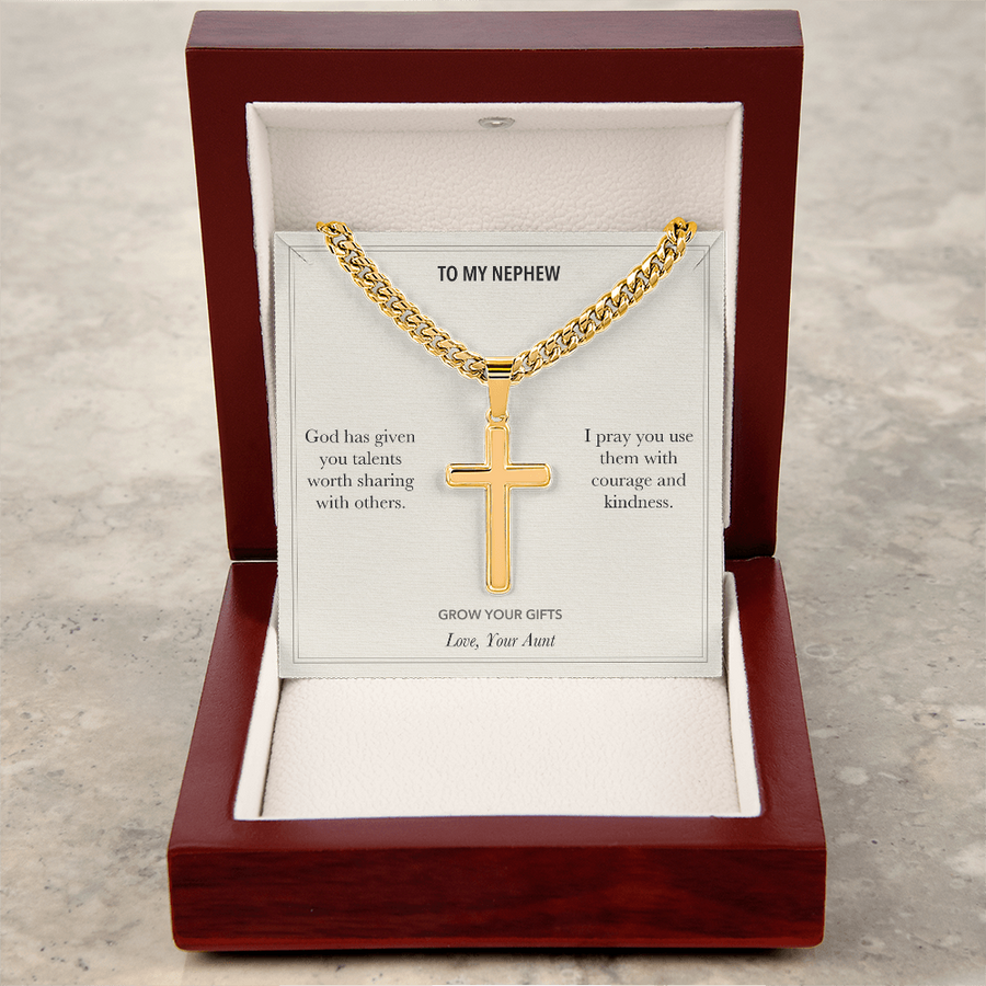 To My Nephew, Grow Your Gifts Faith - Personalized Cross Cuban Link Chain Gift