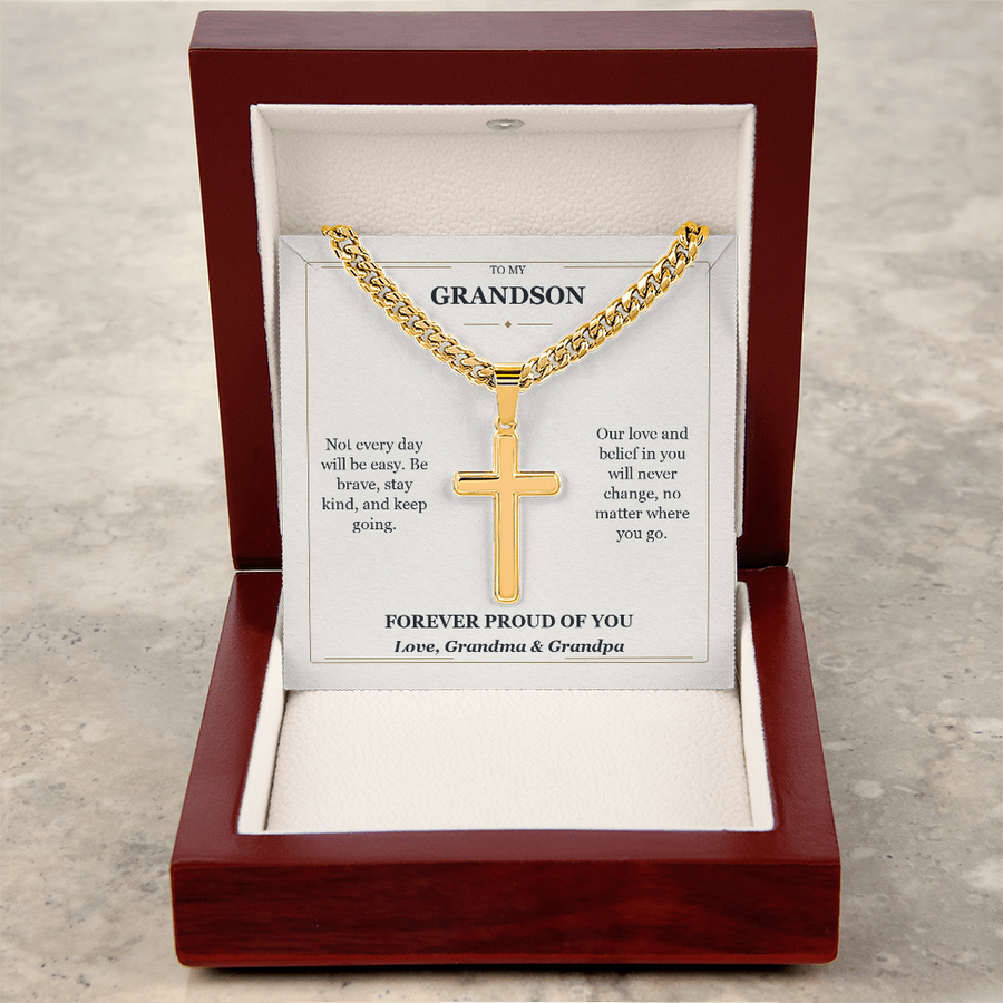 To My Grandson Cuban Link Cross Necklace from Grandparents | Forever Proud