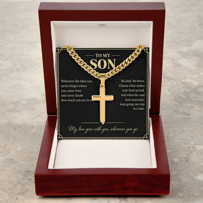 Load image into Gallery viewer, To My Son My Love Goes With You Personalized Cross Necklace Gift

