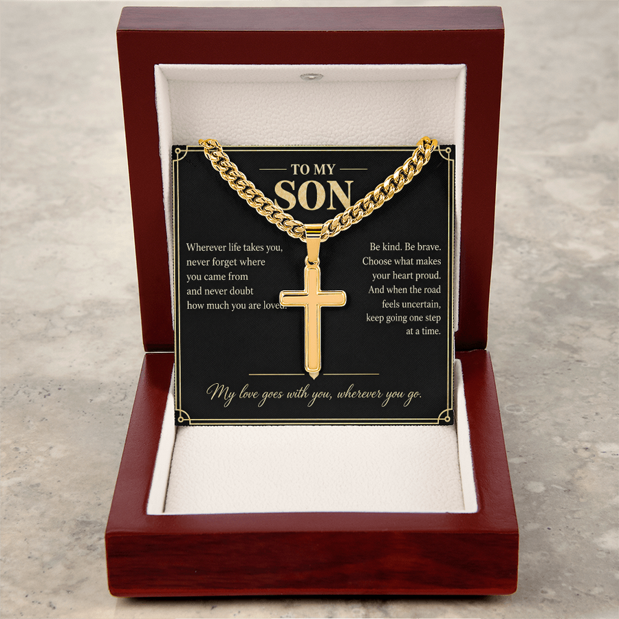 To My Son My Love Goes With You Personalized Cross Necklace Gift